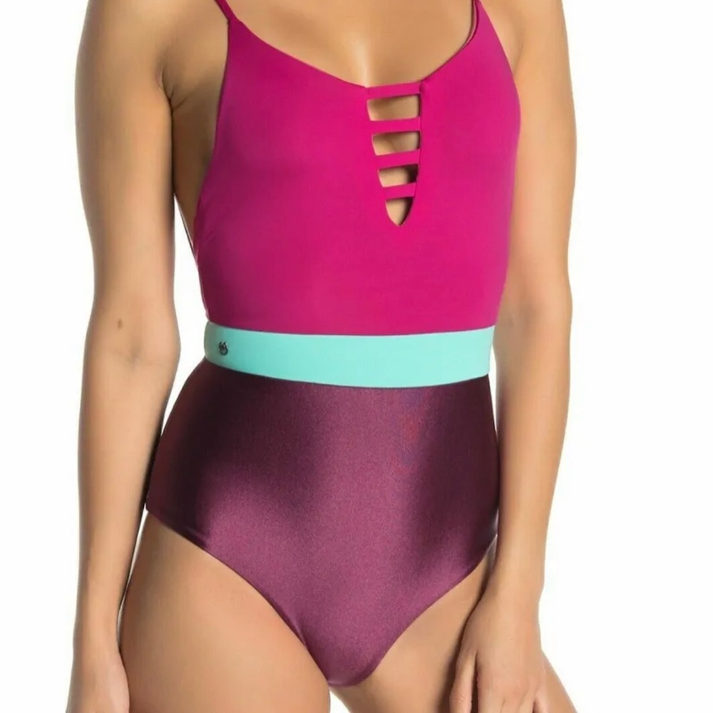 Maaji Evergreen Colorblock Strappy Cheeky Lace Up One-Piece Swimsuit Medium